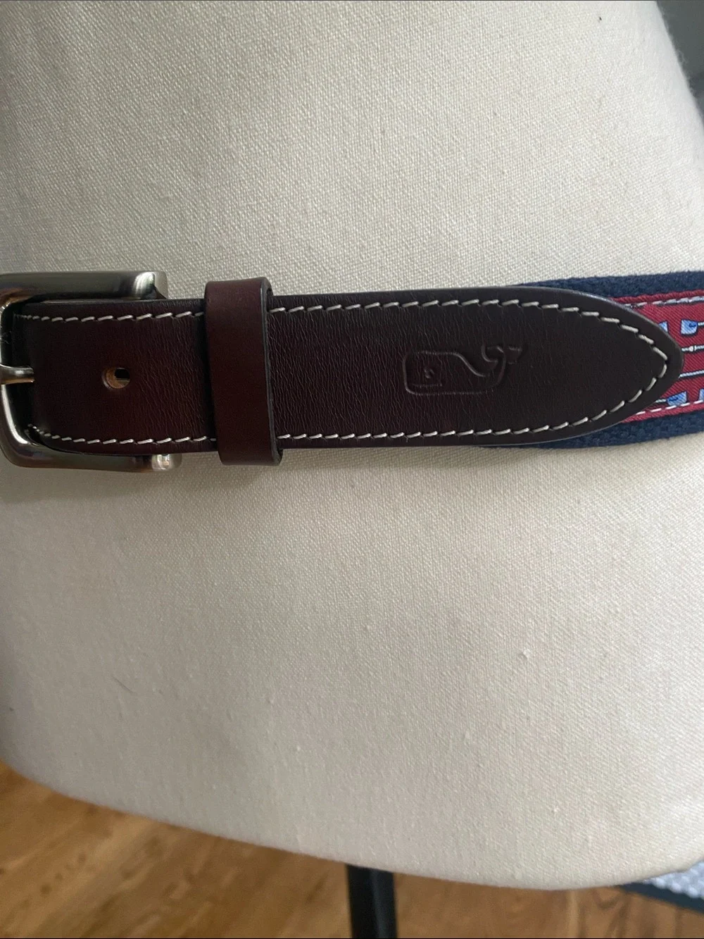 NWOT Men's Vinyard Vines belt brass brown leather trim canvass rowing size 32